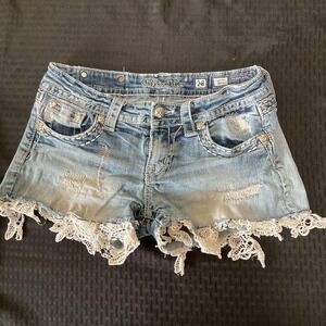 Miss Me Shorts Womens 28 Blue Denim Lace Hem Distressed Rhinestone Hot Pants